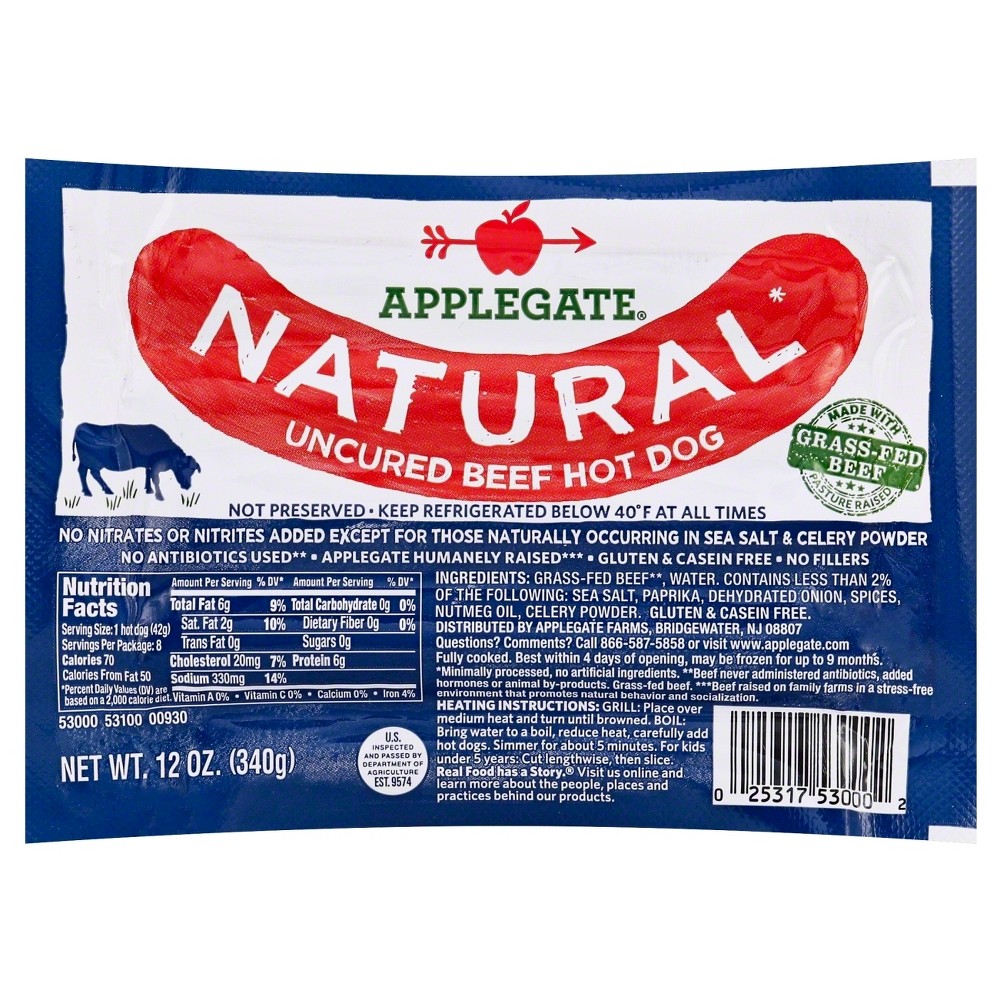 UPC 025317530002 Applegate Uncured Beef Hot Dogs 12 oz