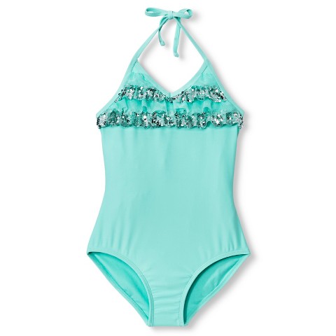 Girls' 1-Piece Sequin Ruffle Top Halter Swimsuit : Target