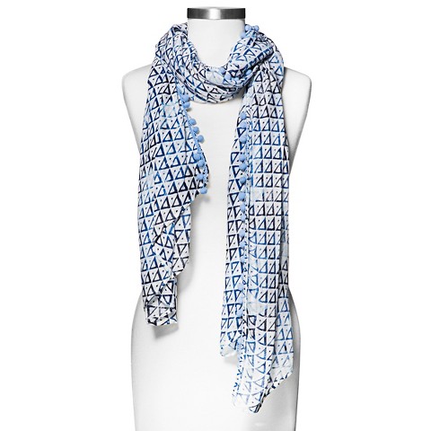 Women's Triangle Print Scarf with Pom Trim - Blue