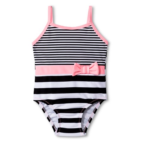 Baby Girls' Striped One Piece Swim Suit - Black/Pink