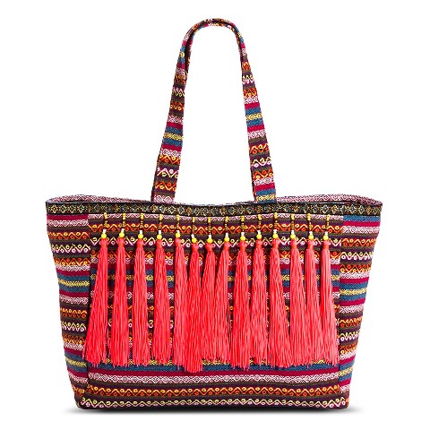 Women's Striped Tote Handbag with Neon Beaded Tassels - Pink