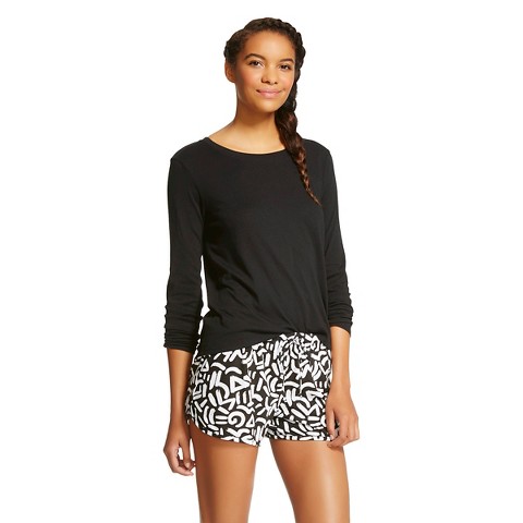 Women's Long Sleeve/Short Pajama Set - Black/Print