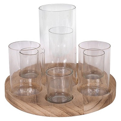 Round wood Tray with 7 Glass Votive Holders Vases (S-8 11")