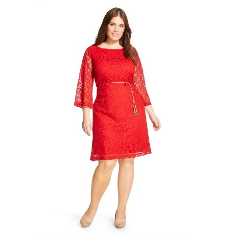 Women's Plus Size Tie Waist Crotchet Dress Red - Zac  Rachel product ...