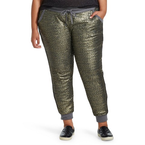 Women's Plus Size Gold Sequin Slim Jogger - Moss : Target