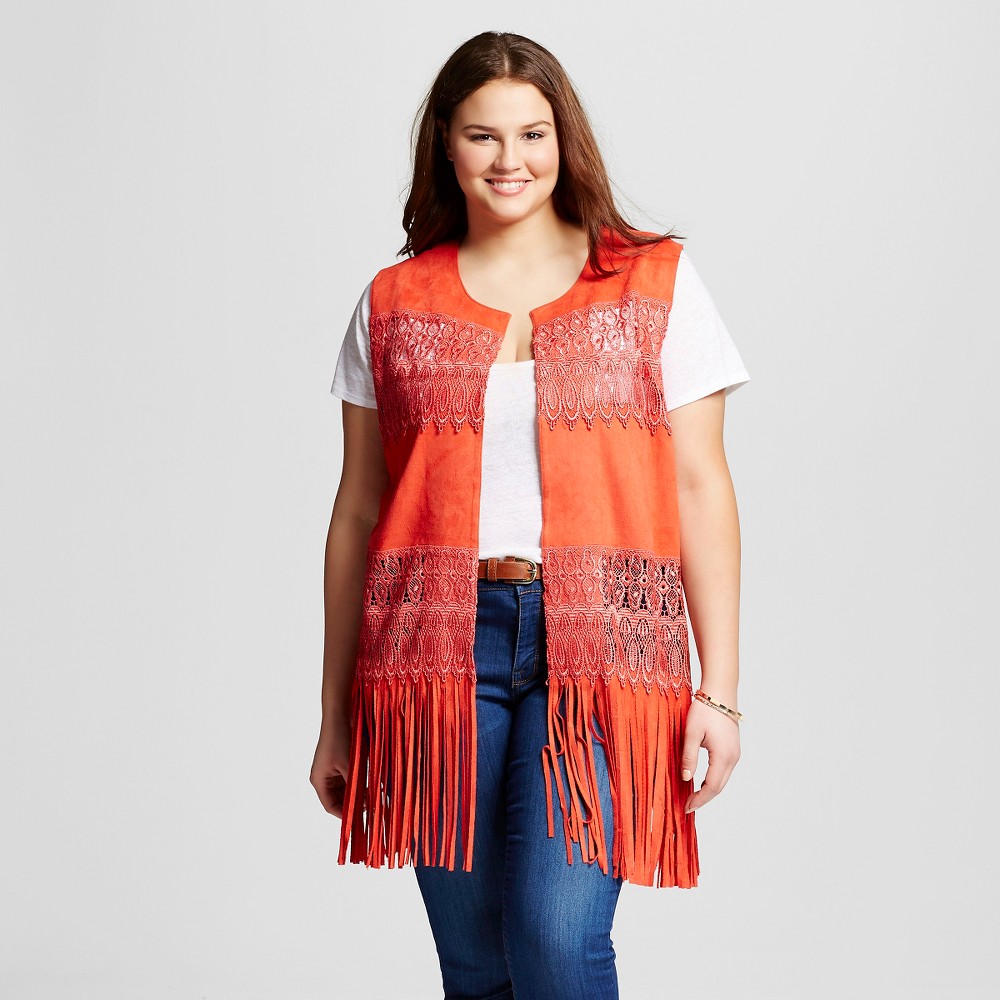 WOMEN'S PLUS SIZE SLEEVELESS VEST W/ FRINGE RED 1X BAGATELLE