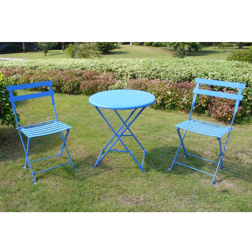 Blue 3 Piece Folding Metal Bistro Furniture Set