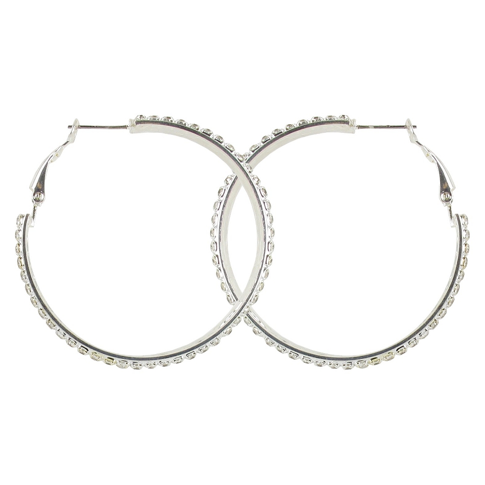 Double Rows Rhinestone Clutchless Hoop Earrings  Silver/Clear