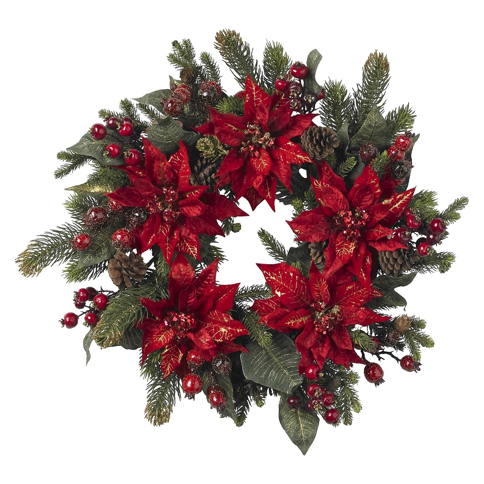Nearly Natural Artificial Poinsettia and Berry Wreath   Multicolor