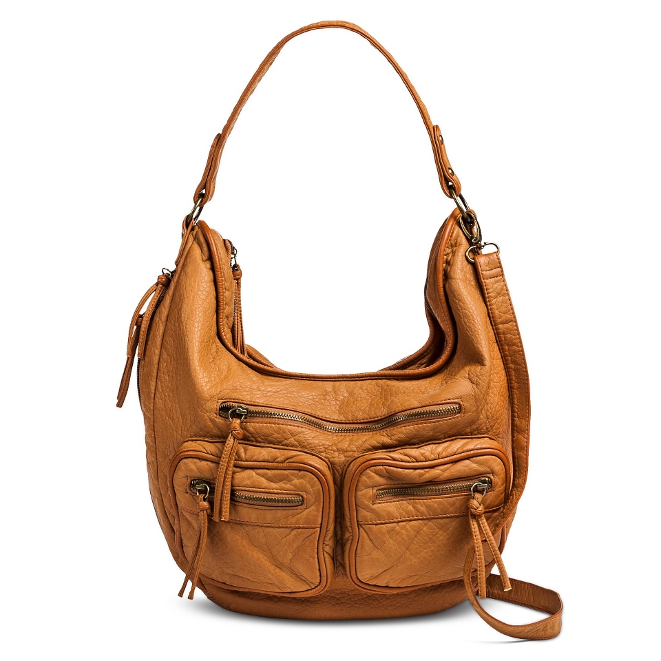 Womens Hobo Handbag with Front Zipper Pockets   Cognac