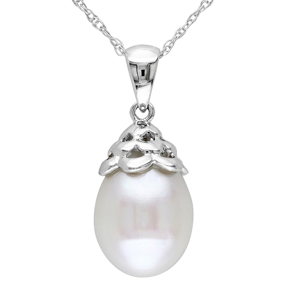 Allura 9.5 10mm White Freshwater Pearl Pendant Necklace in 10k White