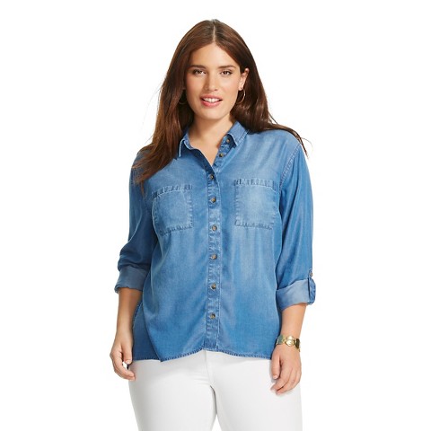 Women's Plus Size Long Sleeve Shirt Indigo Blue ... : Target