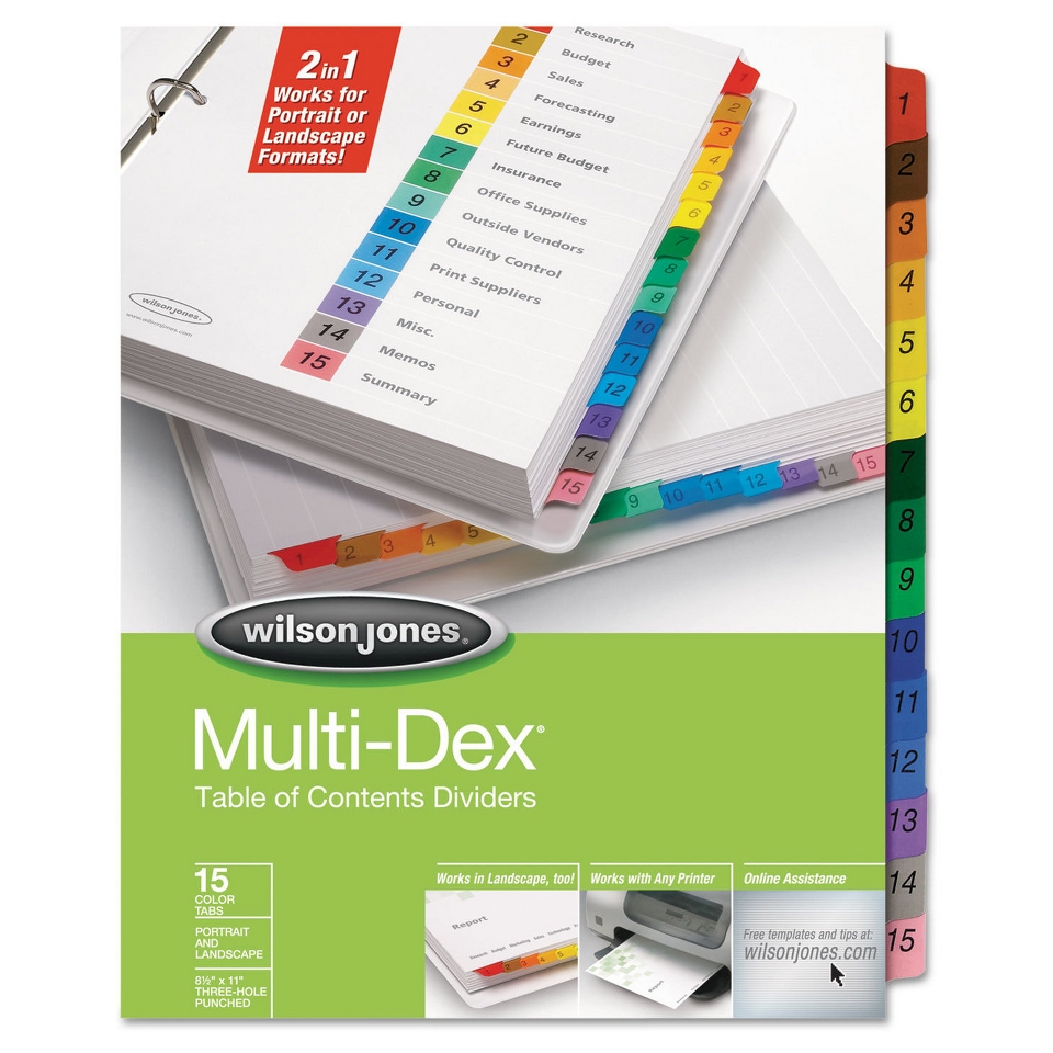 Wilson Jones® Multi Dex Index Assorted Color 15 Tab, Labeled 1 15