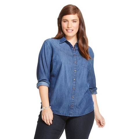 Women's Plus Size Denim Button-down Shirt Indigo... : Target
