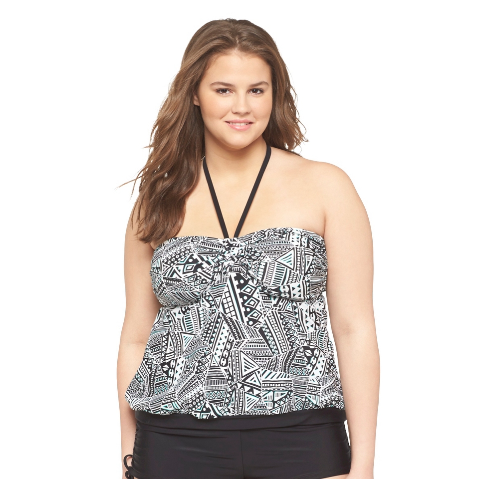 Plus Size Geometric Print Blouson Tankini Black   VM