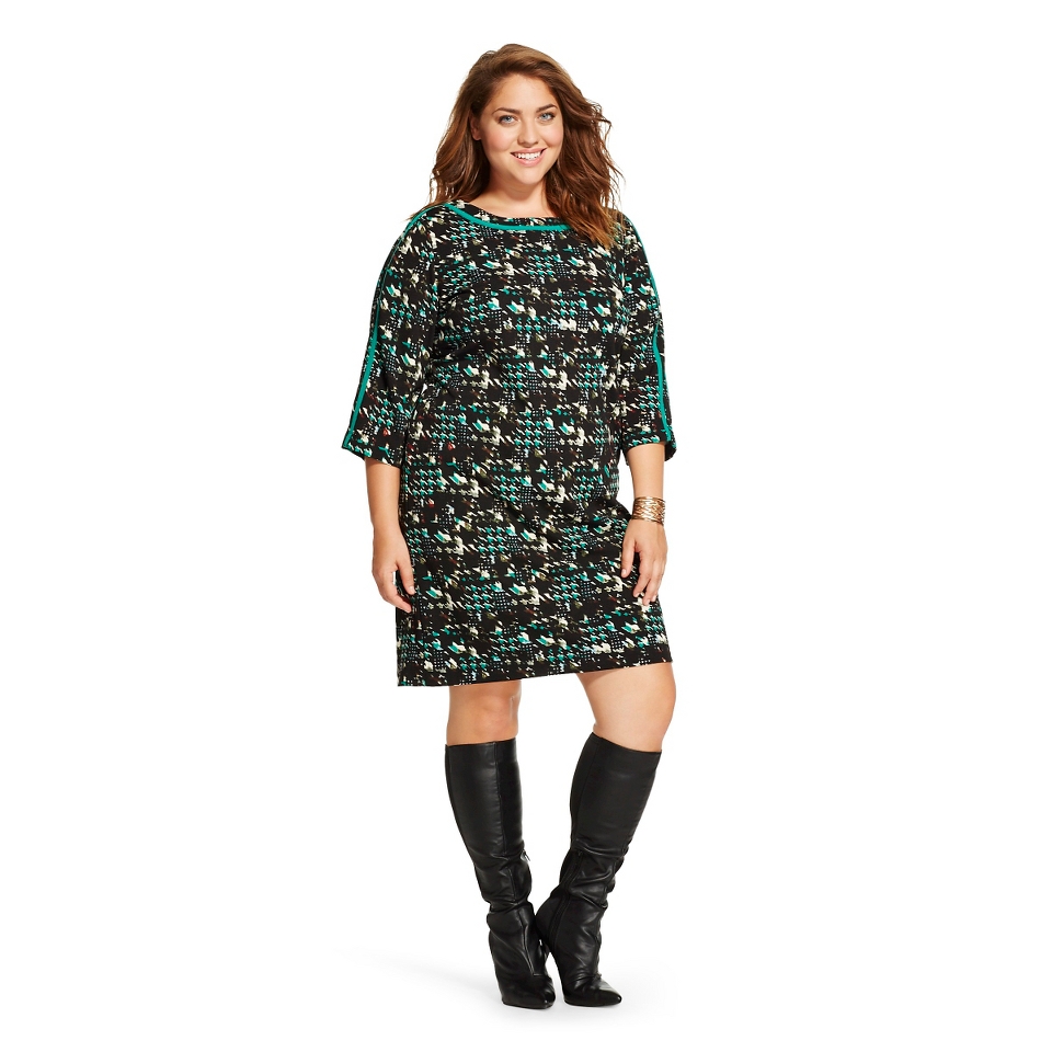 Womens Plus Size Elbow Sleeve Shift Dress Black/Green   Melonie T