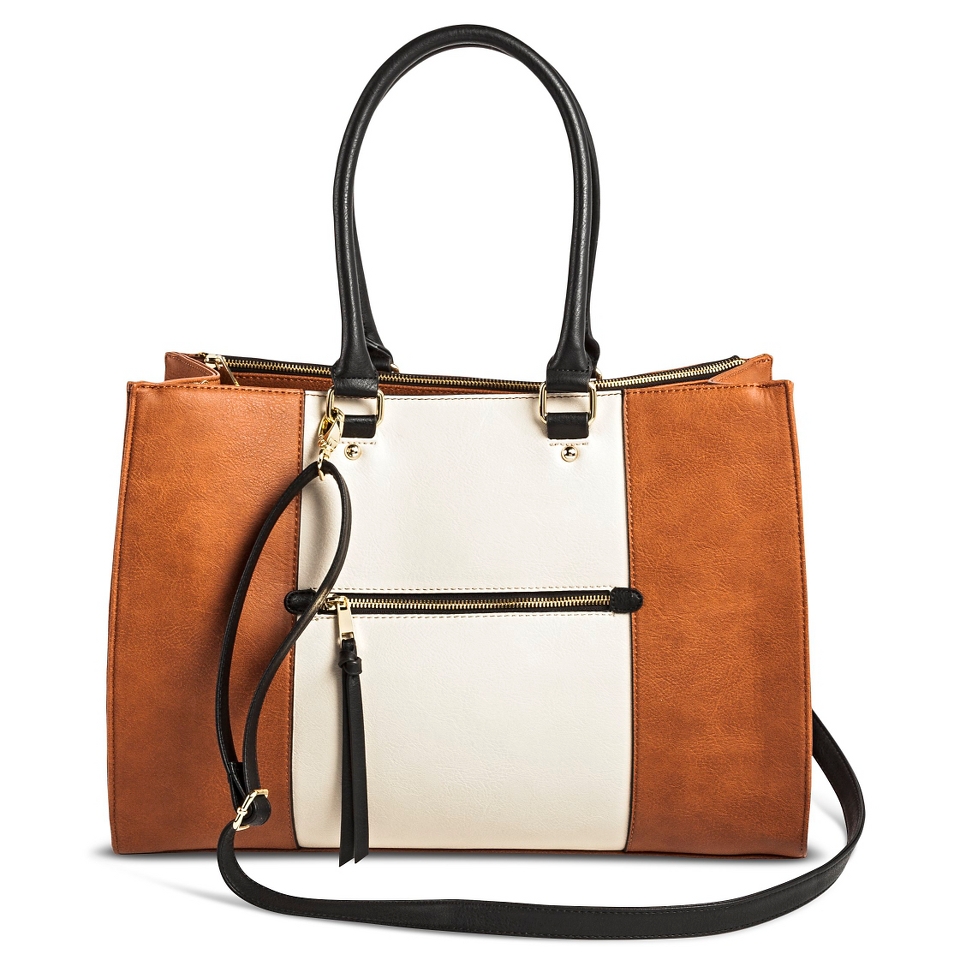 Womens Color Block Tote Handbag with Zip Front Pocket Cognac   Merona