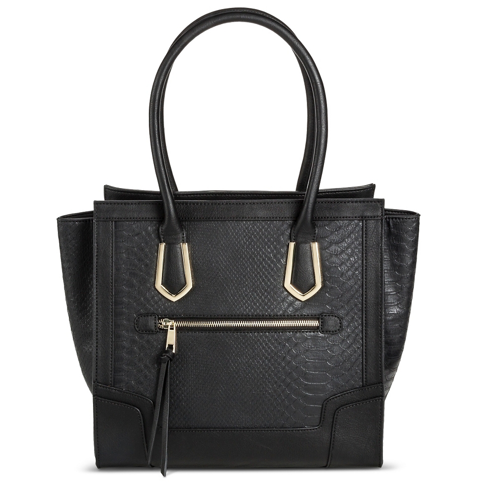 Womens Tote Handbag with Snakeskin Design and Zip Closure Black