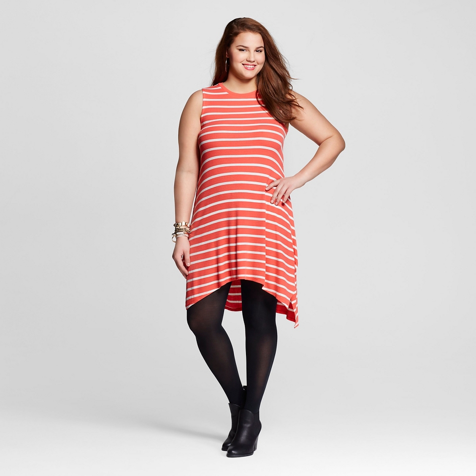 Almost Famous Plus Short Sleeve Stripe Dress Coral/White