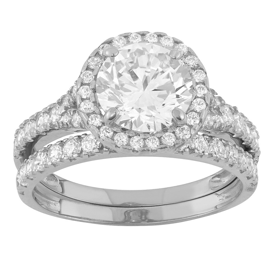 Tiara 10k White Gold Round cut Halo CZ 2 Piece Ring Set